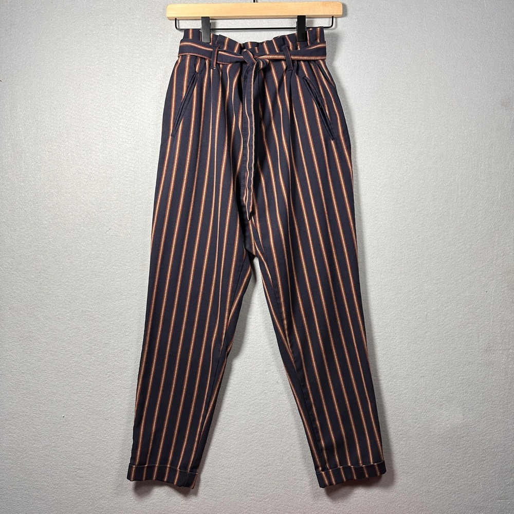 Zara Trafaluc Striped Paperbag Waist Tapered Pants French Parisian Chic Small